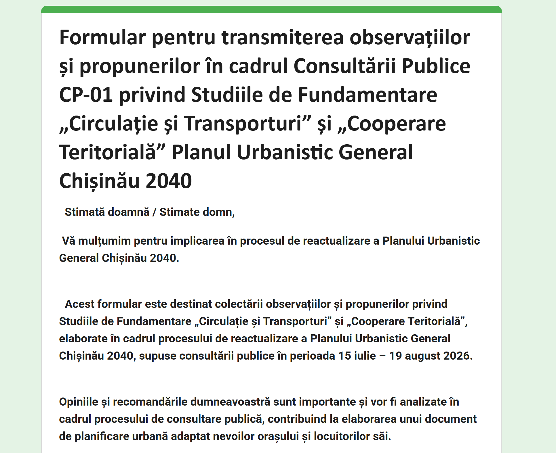 Submit Your Comments and Proposals for the General Urban Plan of the Municipality of Chișinău 2040